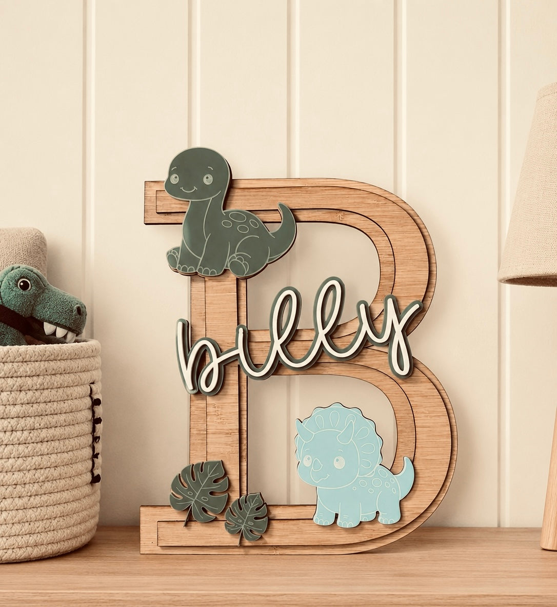 Personalised Dinosaur Wooden Letter Name Plaque | Custom Nursery Wall Decor