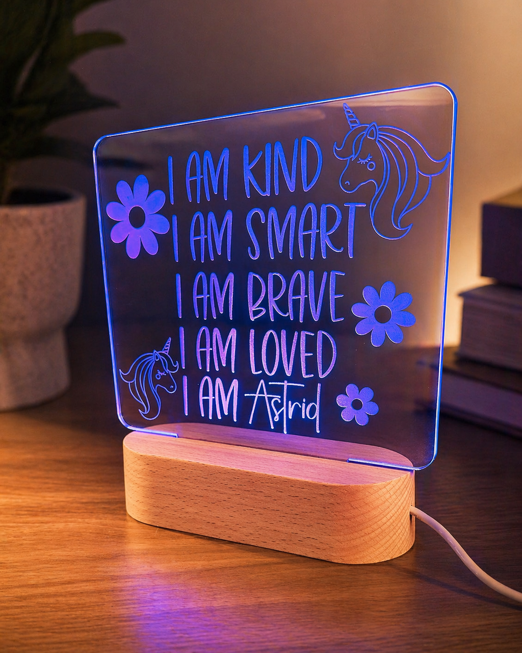 Kids affirmations LED night light with positive messages and colour changing base by Coco and May Australia
