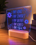 Kids affirmations LED night light with positive messages and colour changing base by Coco and May Australia
