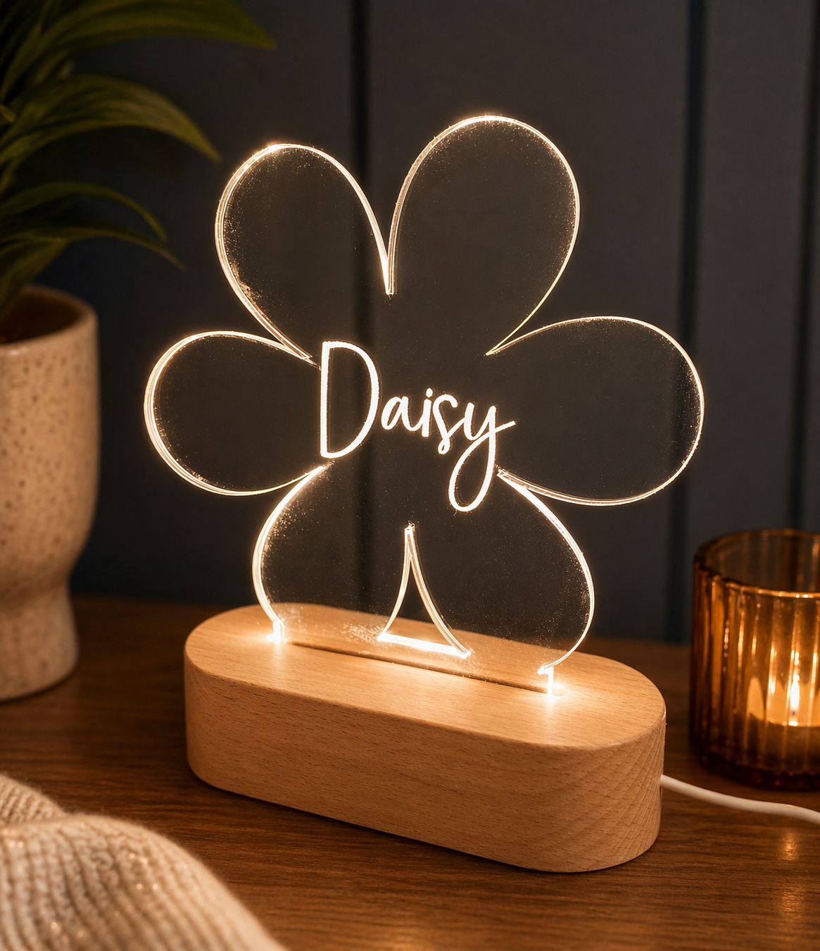 Personalised daisy LED night light with name engraving and colour changing base by Coco and May Australia
