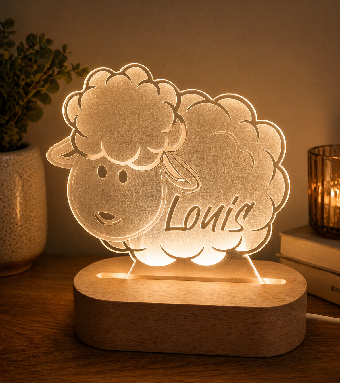 Personalised sheep night light with engraved acrylic and colour changing LED base by Coco and May Australia
