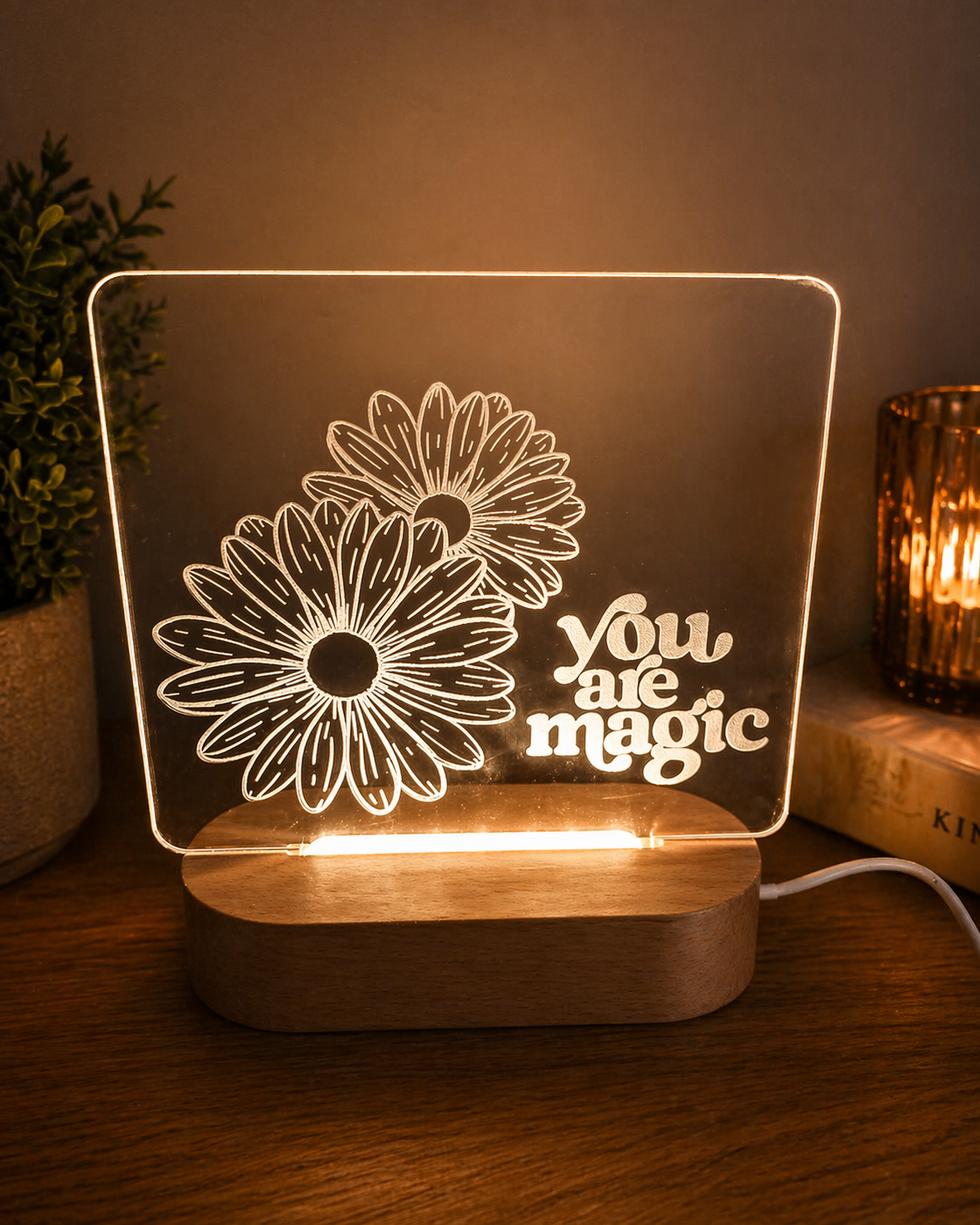 You are magic inspirational LED night light with floral engraving and colour changing base by Coco and May Australia
