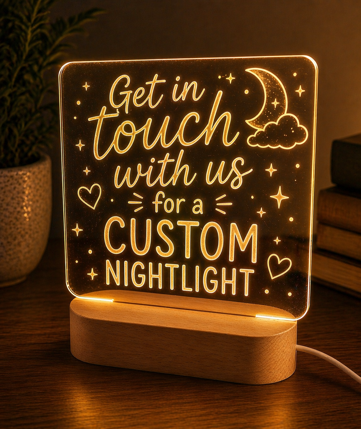Custom LED night light with engraved acrylic panel glowing on wooden base by Coco and May Australia
