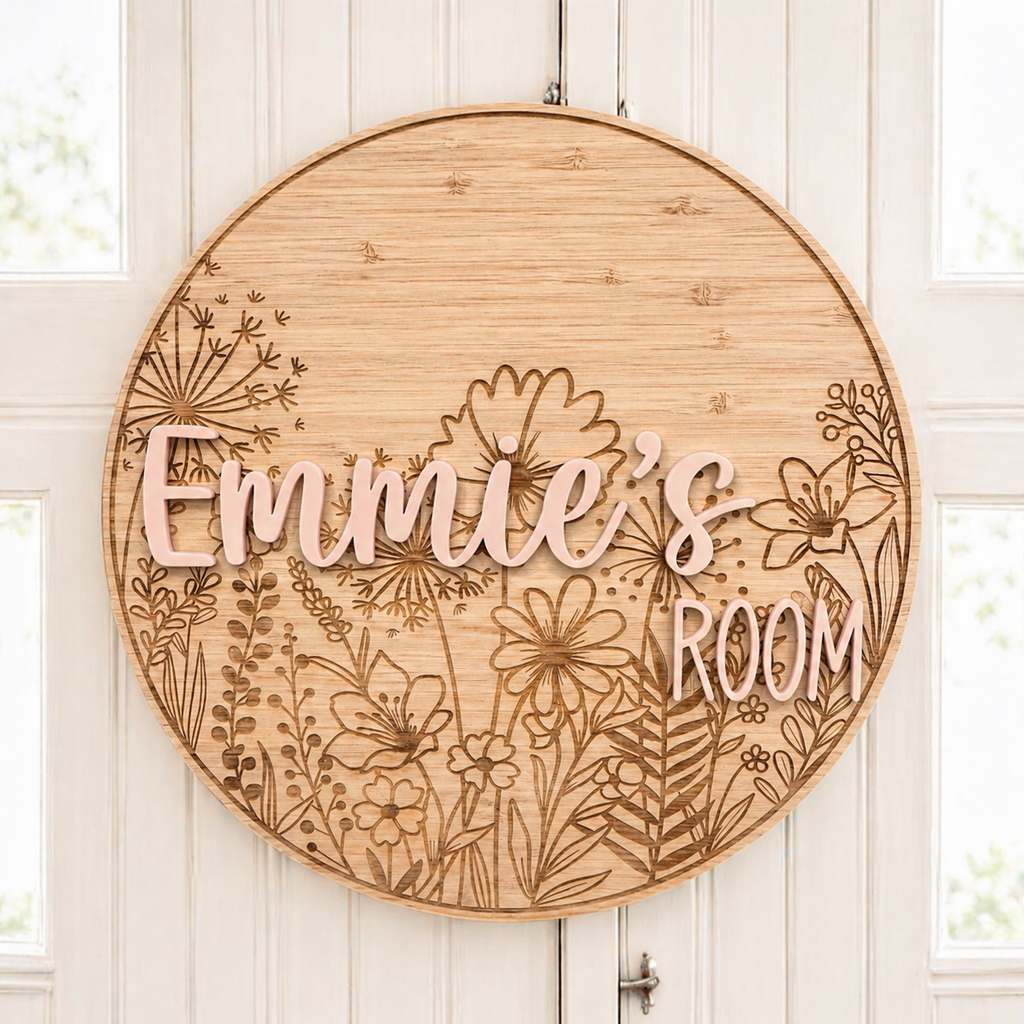 Personalised 3D floral door plaque with raised name by Coco and May, layered timber and acrylic custom name sign Australia
