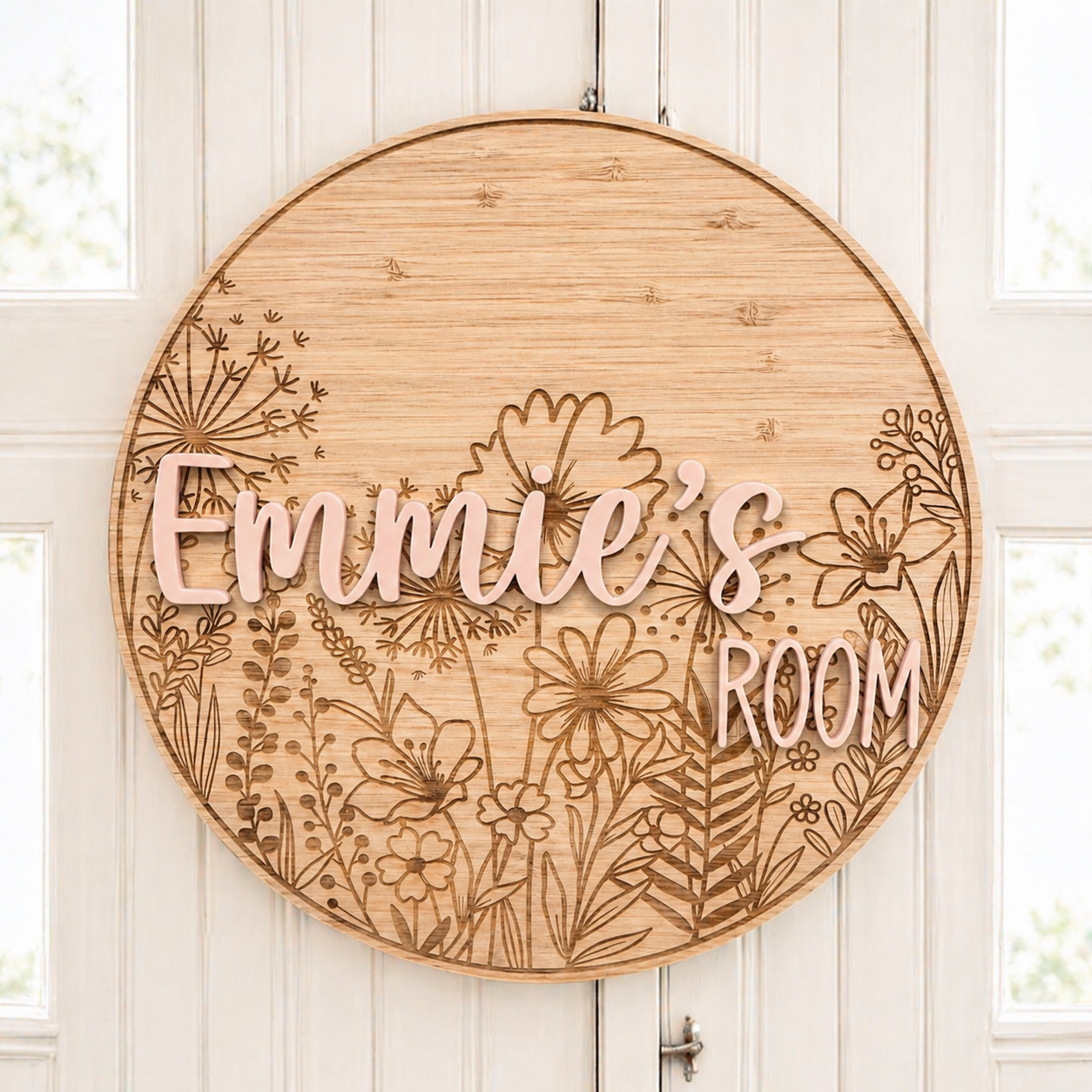 Personalised 3D floral door plaque with raised name by Coco and May, layered timber and acrylic custom name sign Australia
