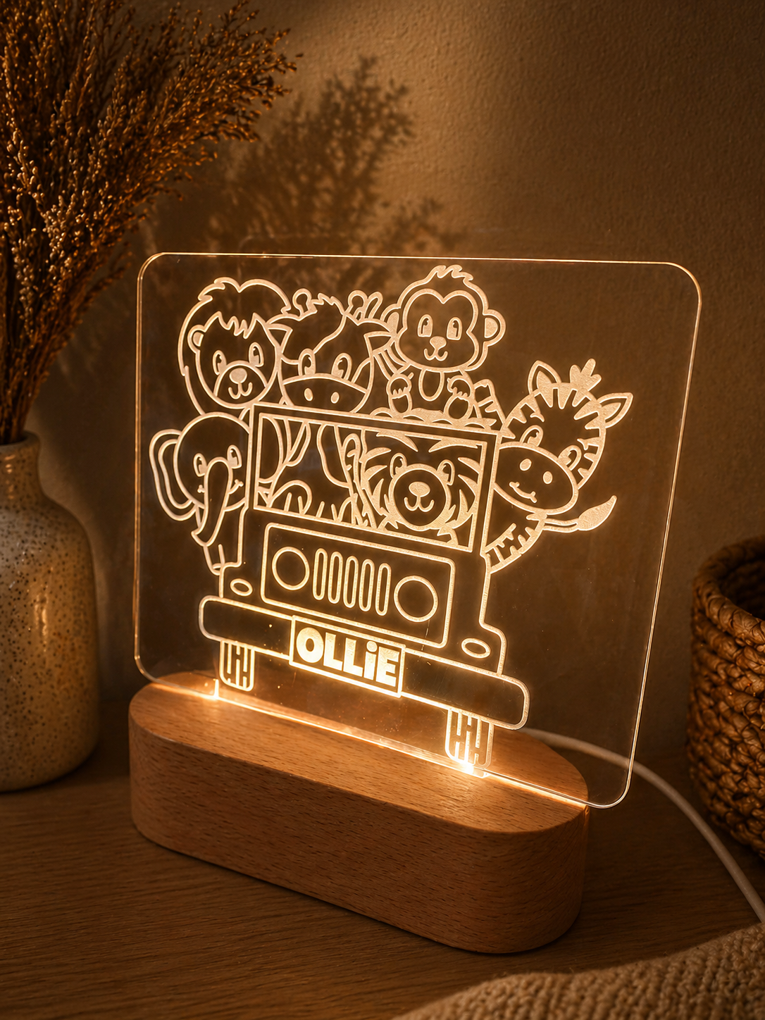 Safari themed LED night light with engraved acrylic design, glowing warm light for nursery or kids bedroom
