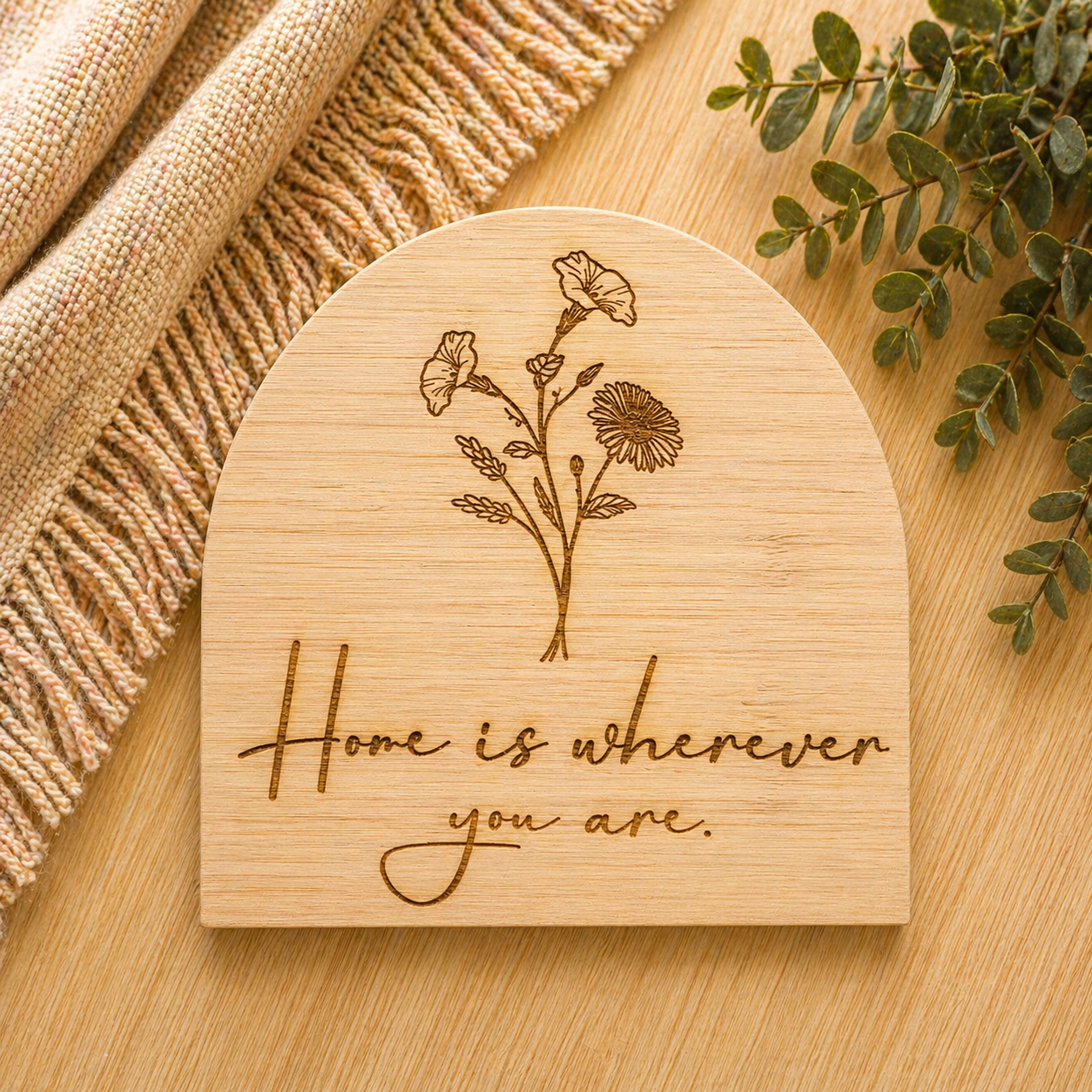 Engraved wooden home plaque with floral design and sentimental message, suitable for Mother’s Day or everyday home decor gifting
