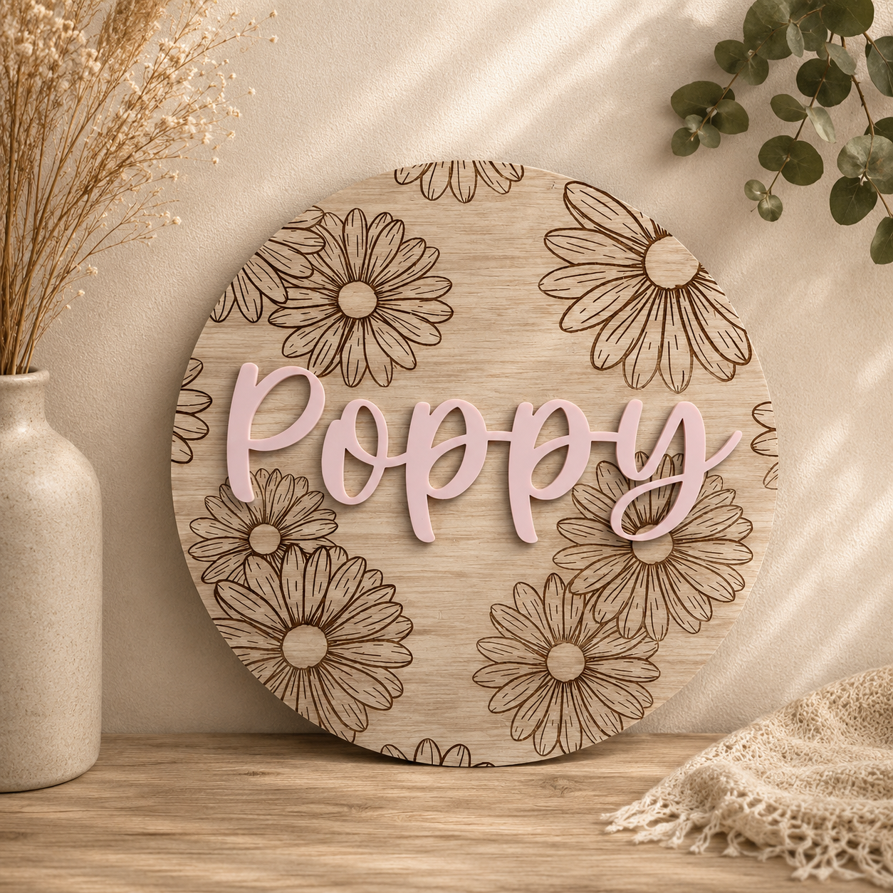 Personalised Engraved Daisy Door Plaque | Custom Floral Name Sign Australia | Coco & May