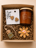 Golden Hour Gift Box featuring a handmade candle, car diffuser and acrylic keyring presented in a gift box with natural packaging.