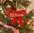 Personalised Coco & May red bow Christmas tree ornament with gold mirror name