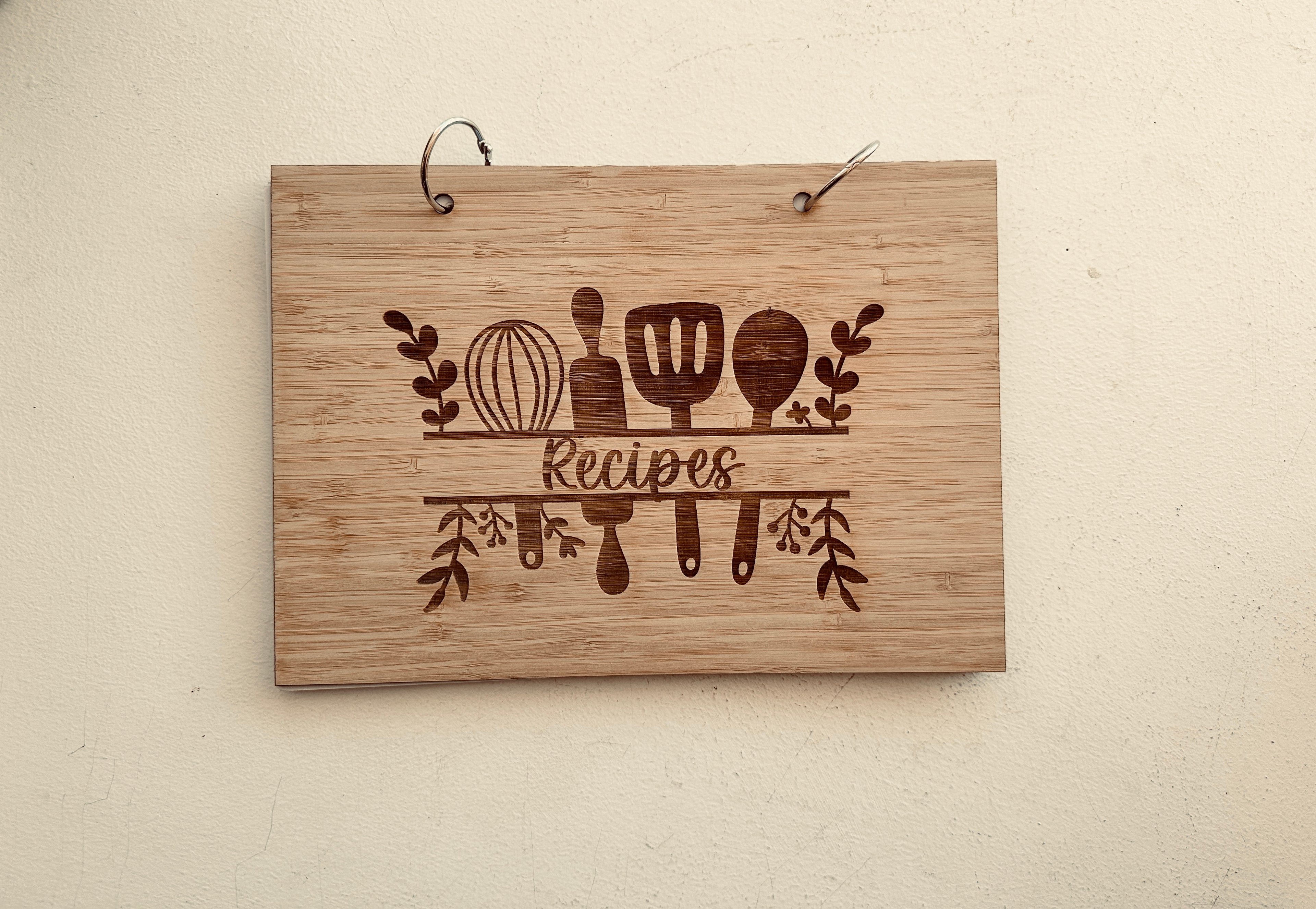 Personalised wooden recipe book engraved cover custom cookbook