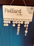 Personalised family birthday calendar with hanging wooden tags
Custom wooden birthday reminder board with family name
Family birthday calendar plaque with engraved name and tags