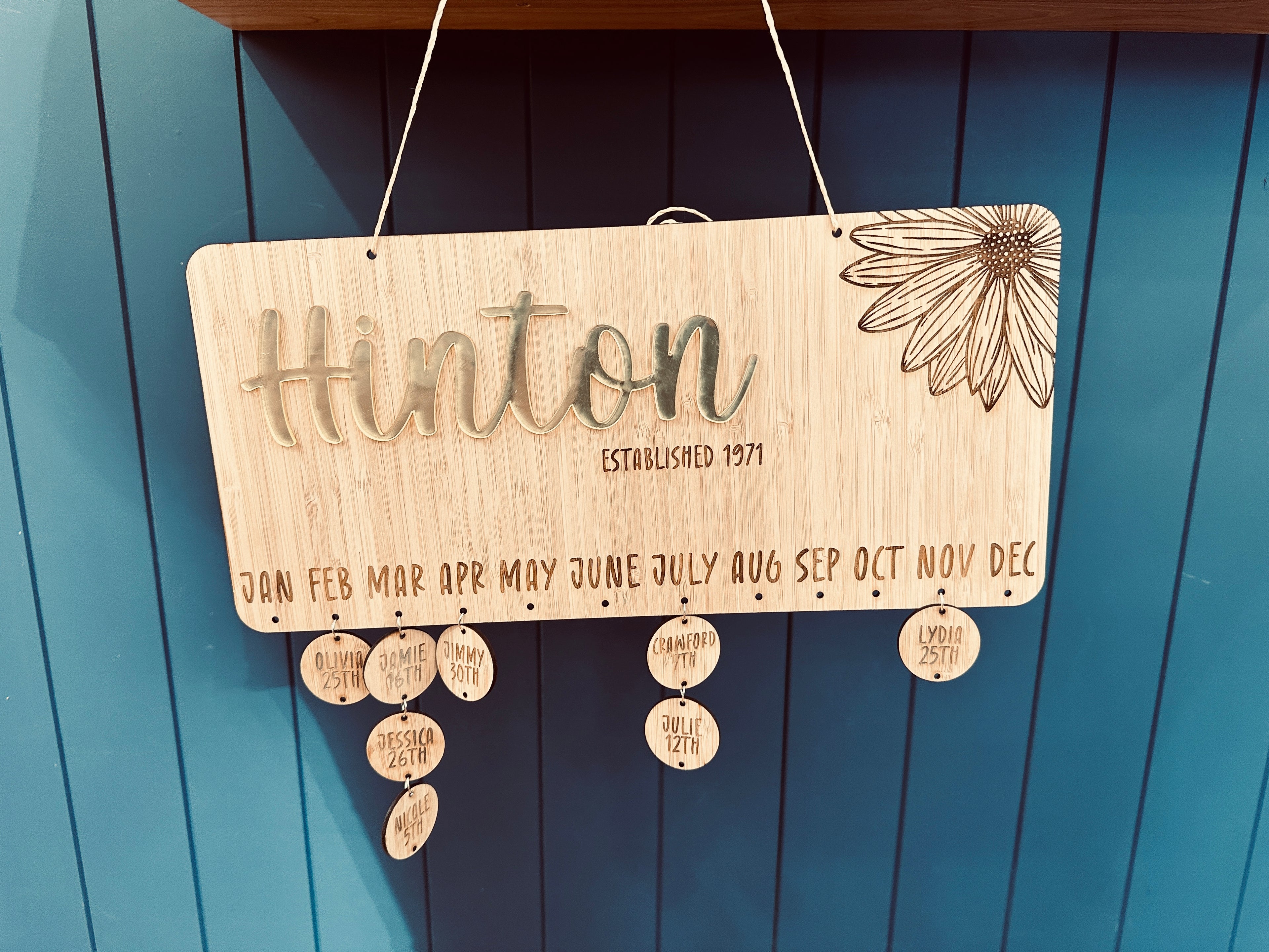 Personalised family birthday calendar with hanging wooden tags
Custom wooden birthday reminder board with family name
Family birthday calendar plaque with engraved name and tags